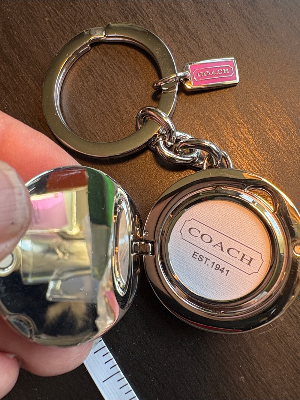 Coach Pink Locket Heart Enamel Keyring with Silver Hardware - Picture 2 of 6